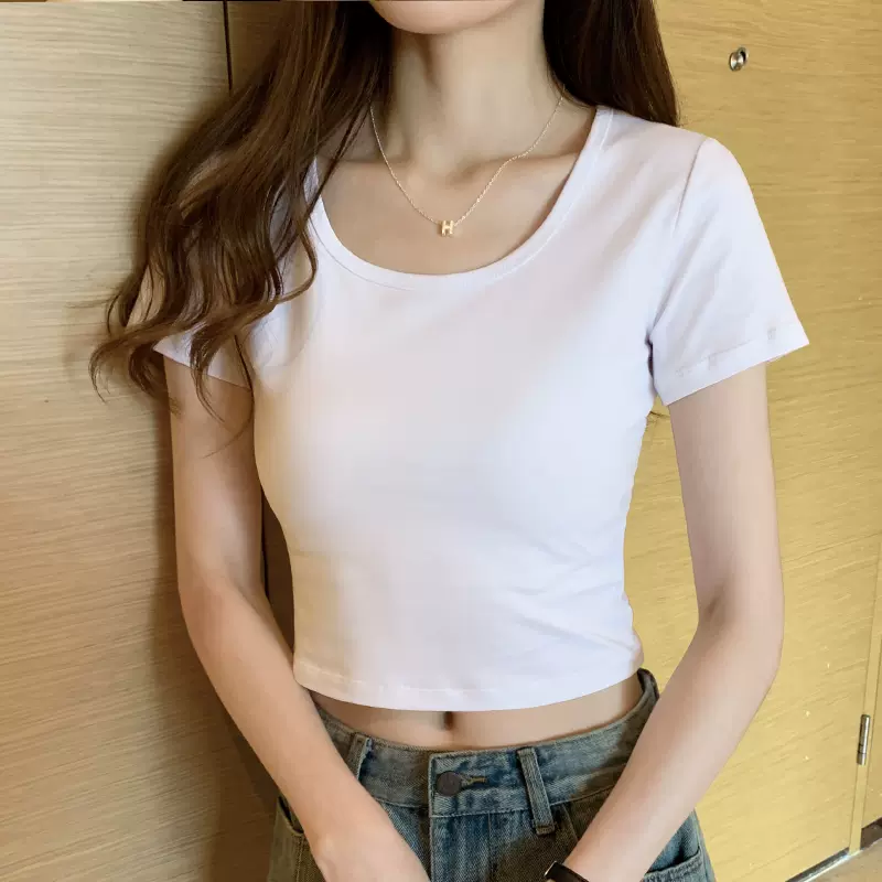 设计感修身短款t恤女夏季新款圆领薄款短袖白色高腰紧身露脐上衣